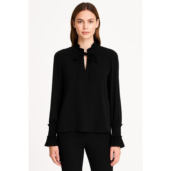 Lafayette 148 New York Black Ruffle Neck Long Sleeve Blouse Size Large - Picture 1 of 11